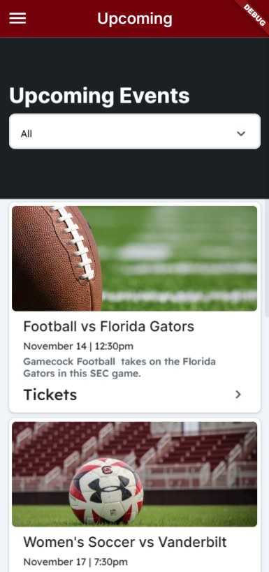 Screenshot of a football ticketing app's home screen.